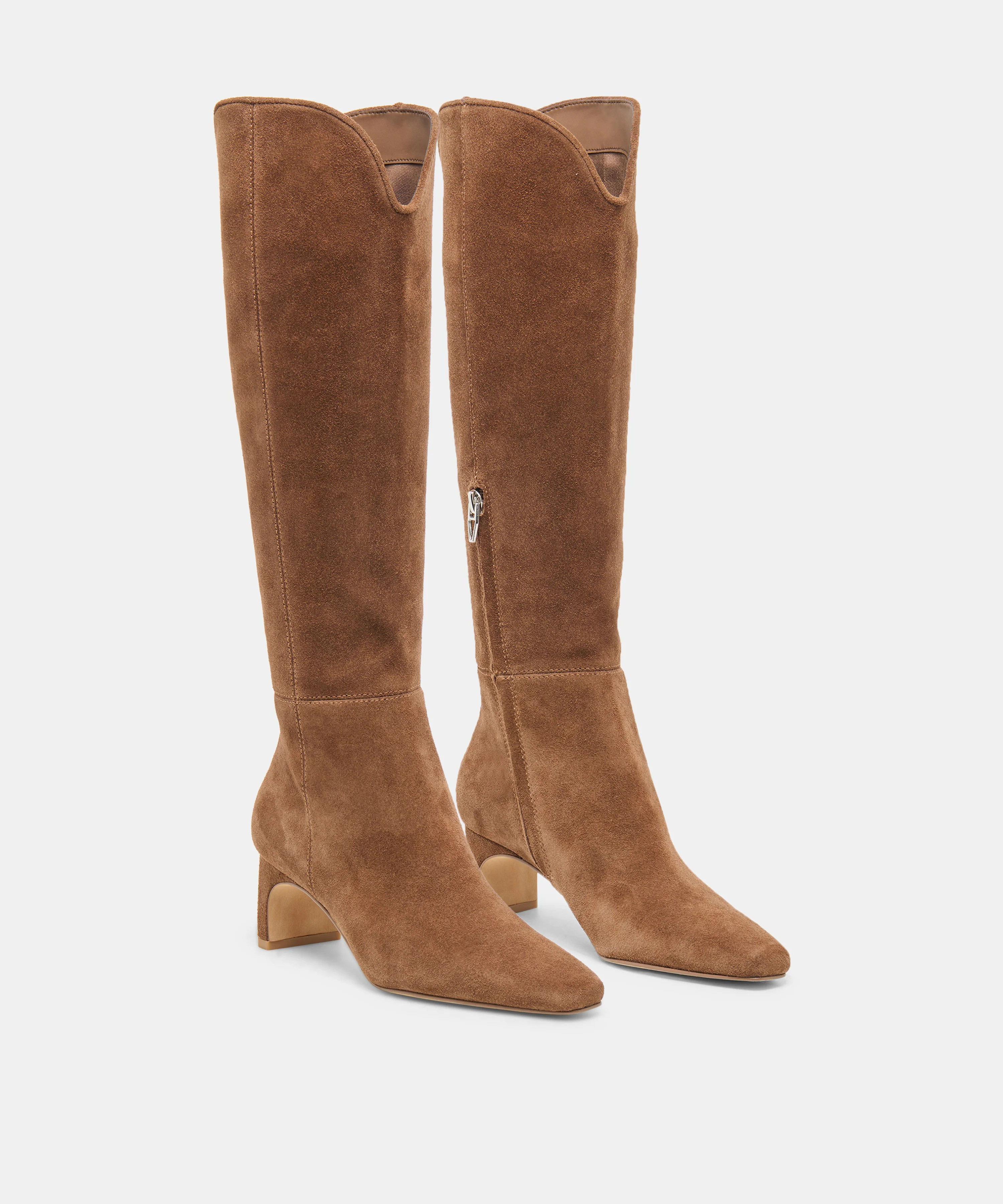 BRION Narrow Calf Cocoa Suede Block-Heel Knee-High Boots | Dolce Vita | DolceVita.com
