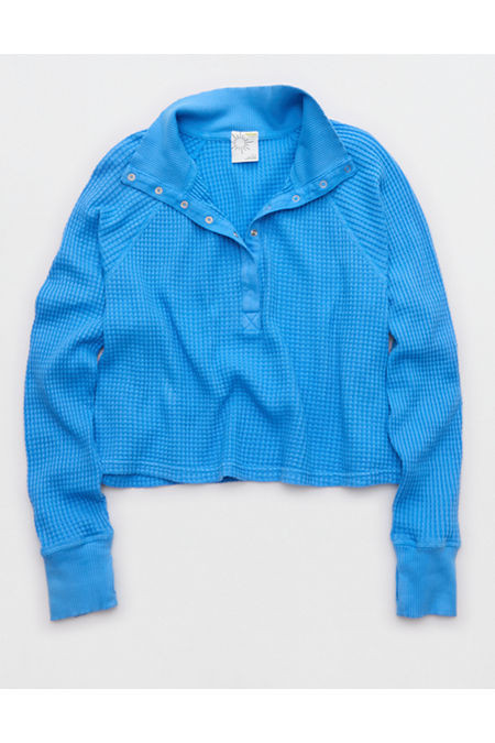 OFFLINE By Aerie Wow! Waffle Mockneck Henley Long Sleeve T-Shirt Women's Tidal Blue XXS | American Eagle Outfitters (US & CA)