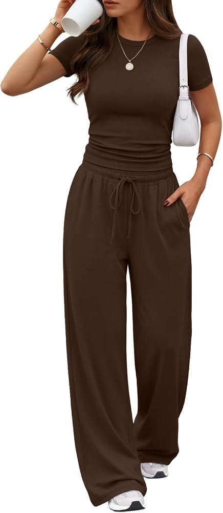 Trendy Queen 2 Piece Matching Summer Lounge Set Womens Side Ruching Top Wide Leg Pants Sets with ... | Amazon (US)