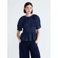 Free Assembly Women's Smocked Denim Top with Peplum Hem, Sizes XS-XXL | Walmart (US)