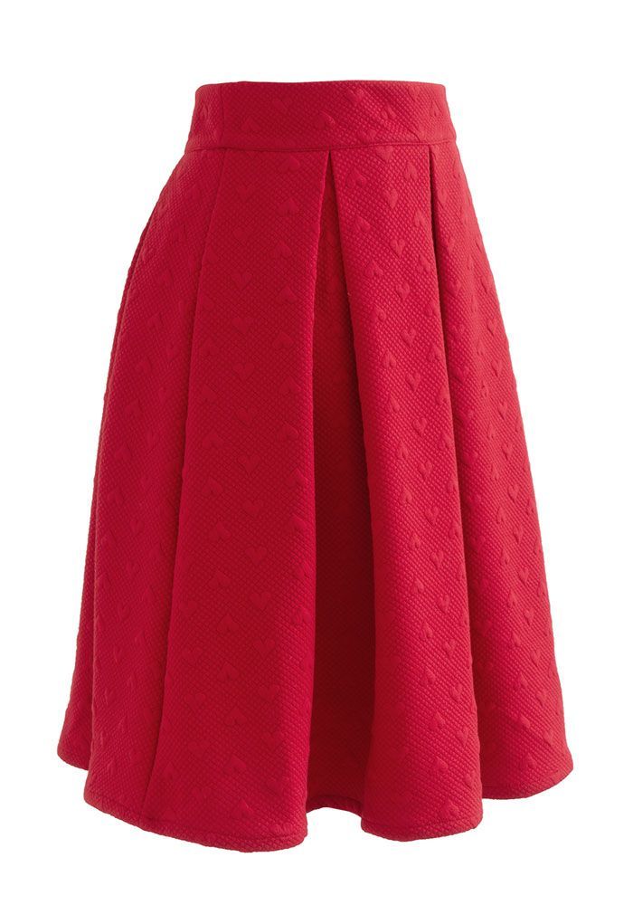 Red Airy Heart Embossed Pleated Skirt | Chicwish