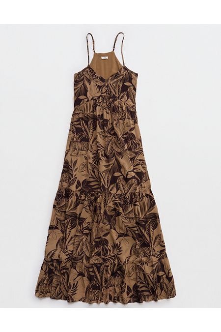 Aerie Printed Maxi Dress Women's Toasted Almond XXS | Aerie