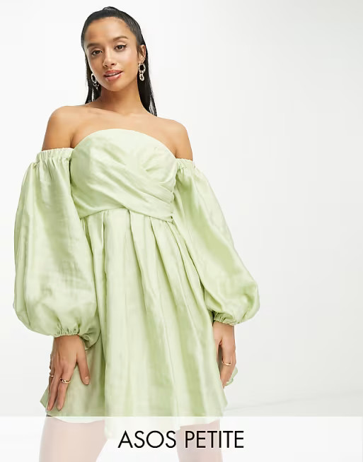 ASOS DESIGN Petite washed off shoulder balloon slv mini dress with wrap corset detail in sage gre... | ASOS (Global)