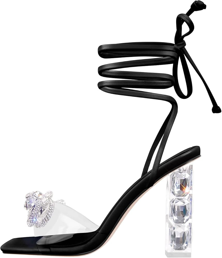 Richealnana Women's Clear Rhinestones Bowknot Sandals For Party Prom Dance Square Toe Chunky Heel | Amazon (US)