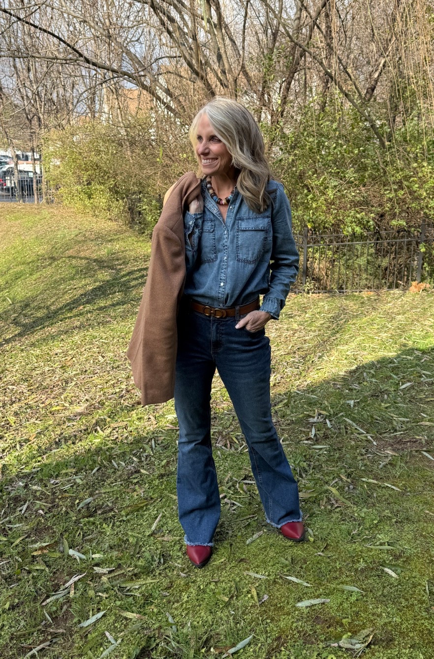 Denim on denim! Wearing XS top and 4 jeans, but need to size down. 

#LTKOver40 #LTKFindsUnder50 #LTKootd