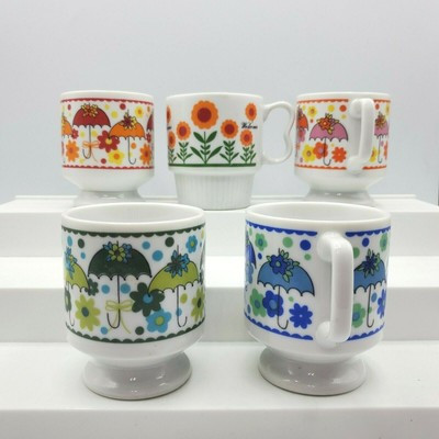 Vintage Mod Mugs 1970s Set Japan Mid Century Umbrella Flowers Stackable Lot of 5 | eBay US