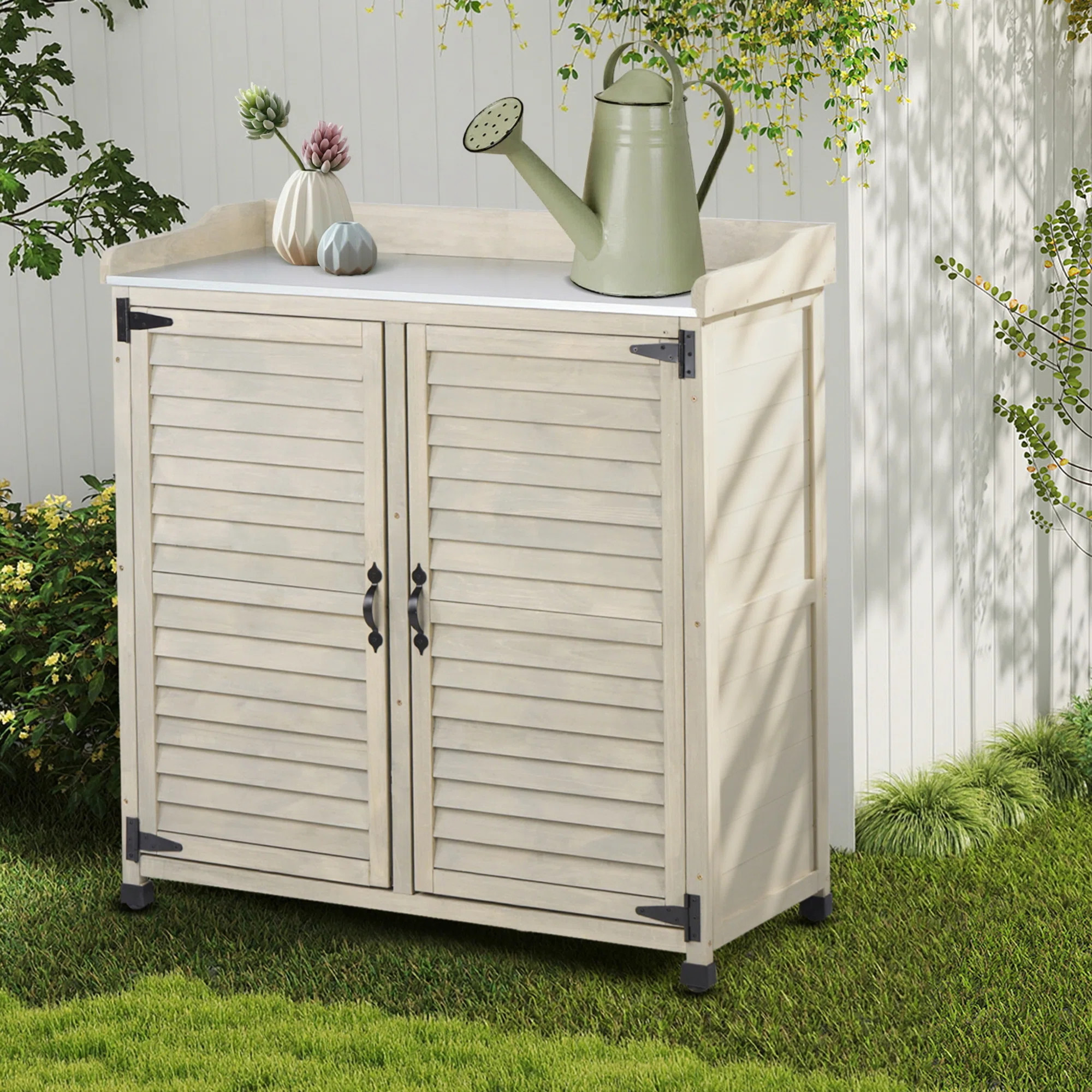 Outdoor Potting Bench with Metal Work Top - Waterproof Garden Storage Cabinet, Solid Wood Tool St... | Wayfair North America