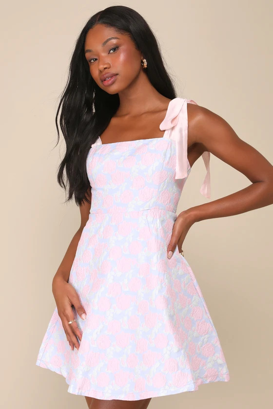 My Wish Light Blue Floral Jacquard Tie-Strap Dress With Pockets | Lulus