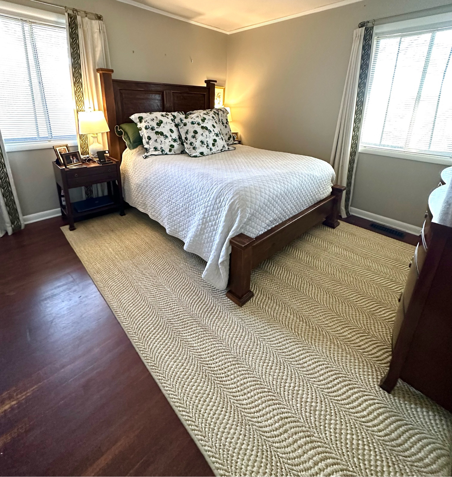 I finally convinced myself to order Ballard’s Dori Sisal Rug for our bedroom while it was on sale (it’s still on sale!!) and love the way it adds warmth to the space. The room needed some separation from the brown furniture on a similarly stained brown floor and this did the trick! Our room is square so we got the biggest size that would fit, 8x10, and it fills the space well. I love the design on the rug and the sisal is definitely softer than most! If you’ve been considering it we’re loving it so far!

Our throw pillow shams are all from Biscuit Home and currently 20% off for Cyber Monday! 
Green bedroom, primary bedroom, Ballard, Ballard Dori sisal, sisal rug, rug on sale, biscuit home

#LTKhome #LTKCyberWeek #LTKsalealert