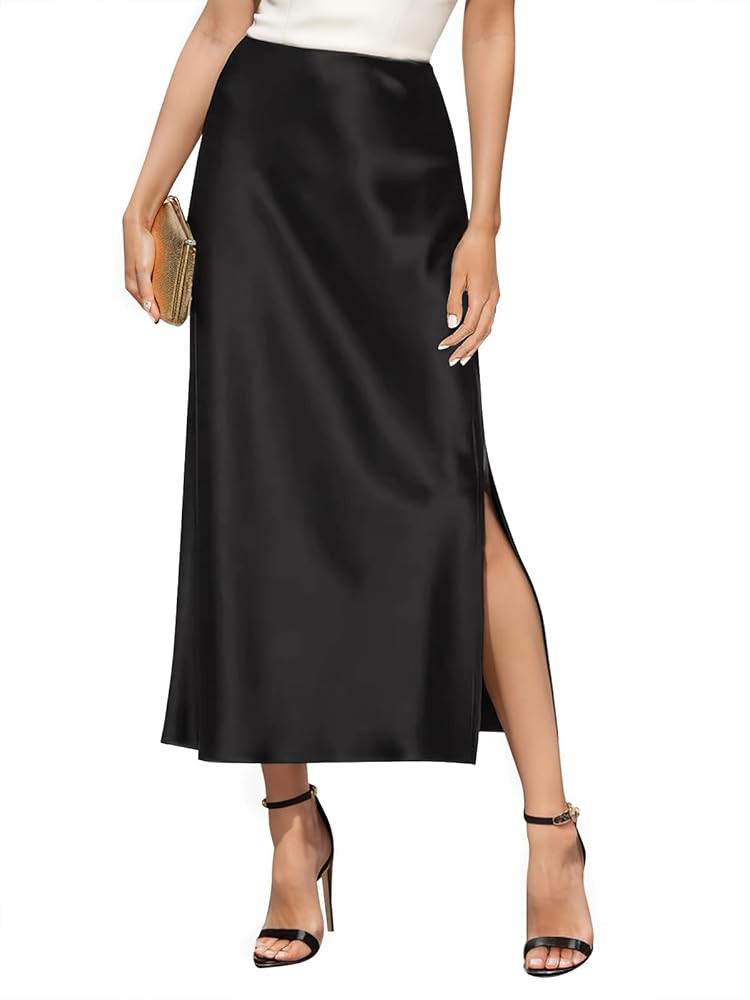 Women's Satin High Waisted Side Split Maxi Skirt Elastic Waistband Elegant Work Skirts Party A-Li... | Amazon (US)