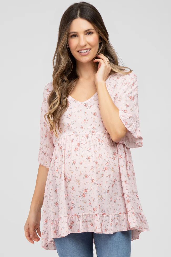 Pink Floral Ruffle V-Neck Maternity Top | PinkBlush Maternity