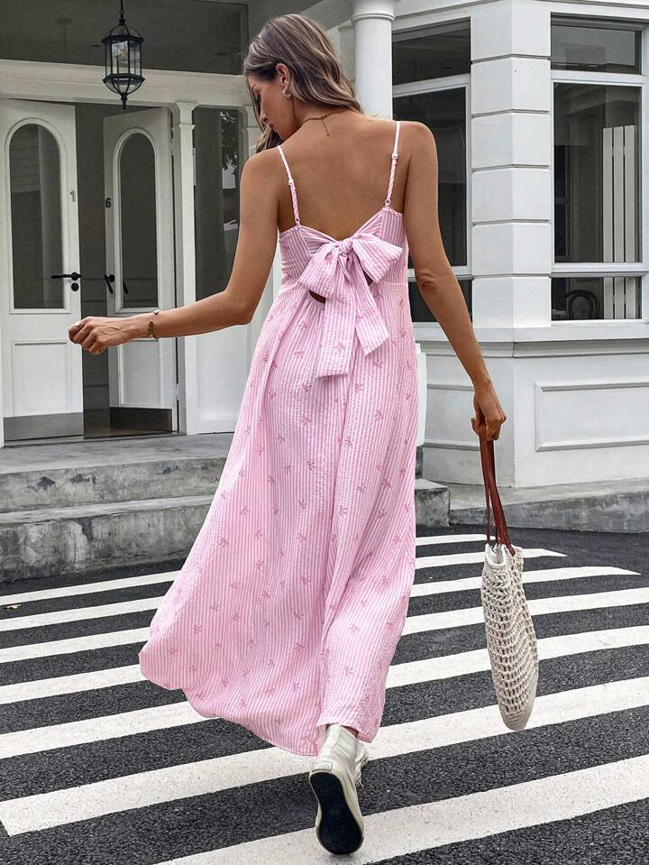 SHEIN LUNE Spring/Summer Long Strap Pink Striped Bowknot Back Casual Vacation Dress Vacation Dress | SHEIN