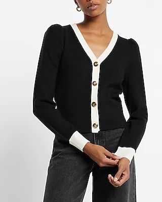 Tipped Novelty Button Puff Sleeve Cardigan | Express