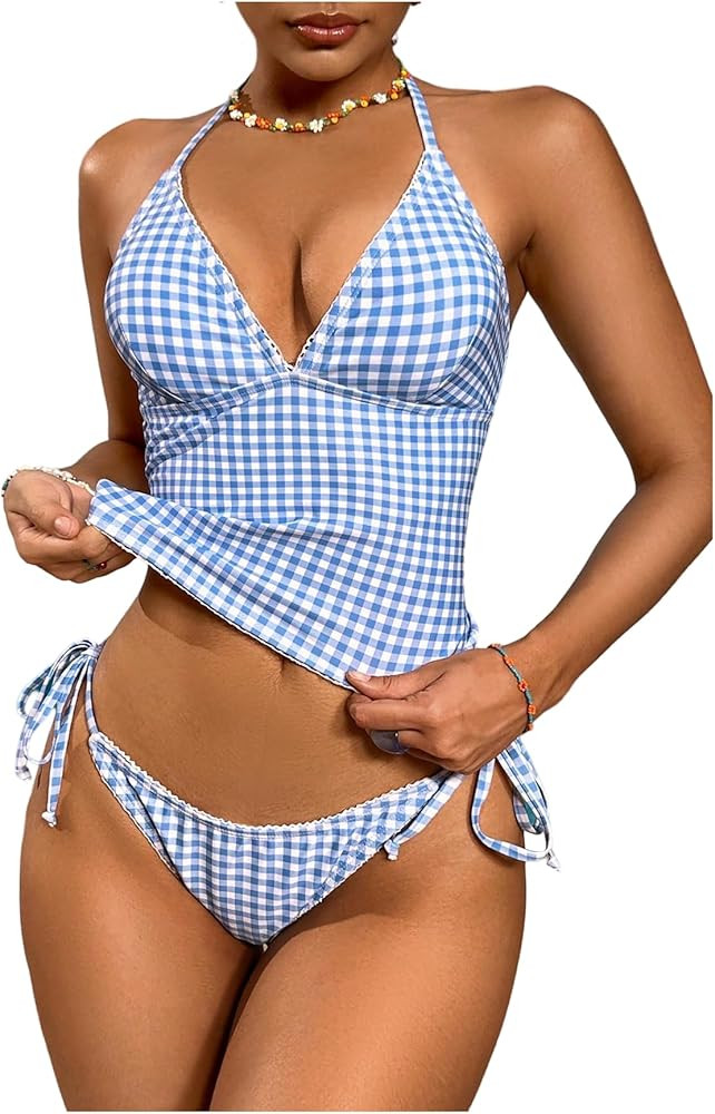 MakeMeChic Women's Tankini Swimsuits Cute Cheeky Swimsuit Plaid Halter Tankini Bathing Suits | Amazon (US)