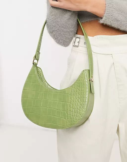 ASOS DESIGN curved shoulder bag in green croc with long strap | ASOS (Global)