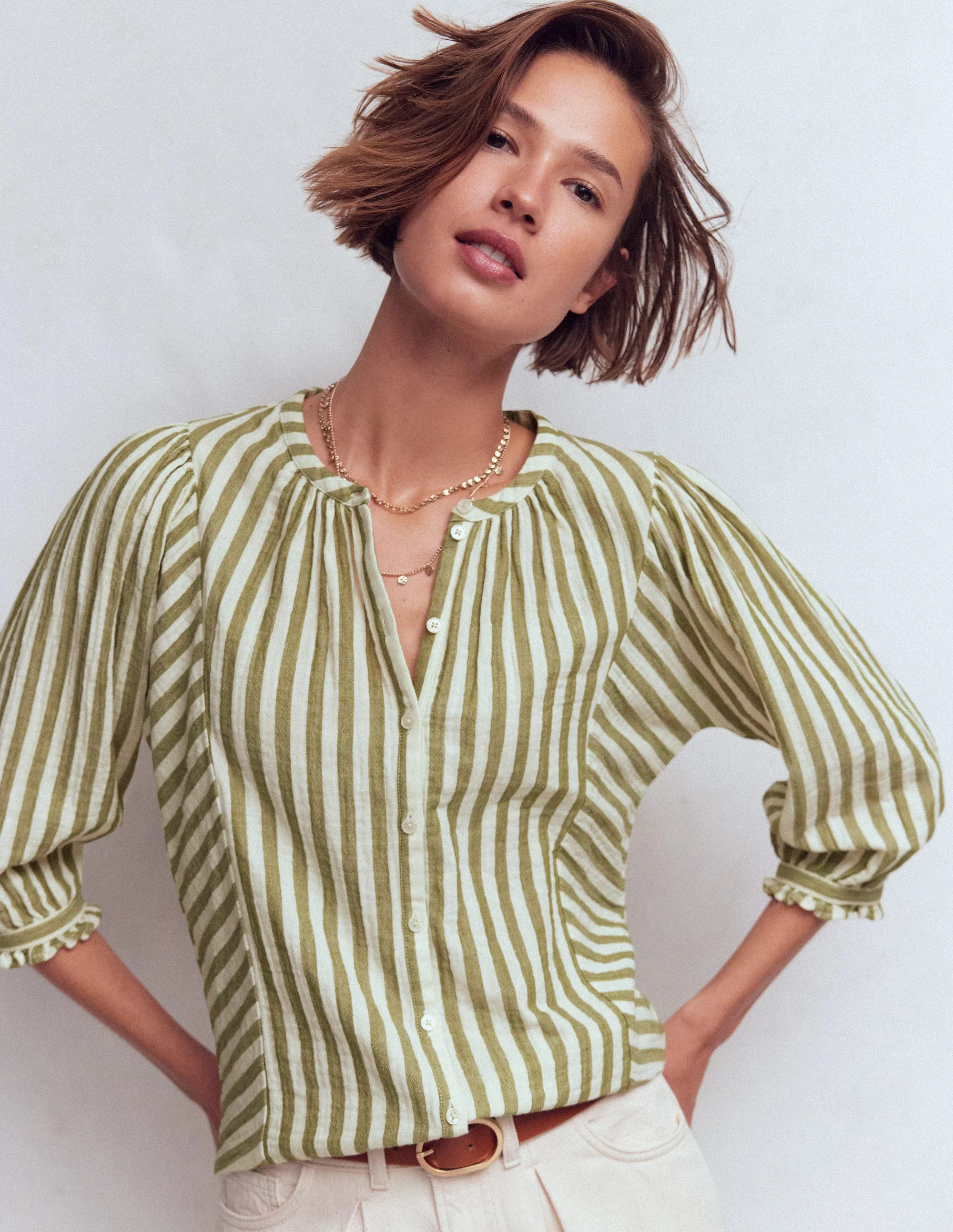 Camille Double Cloth Top-Olive, Ivory Fine Stripe | Boden (US)