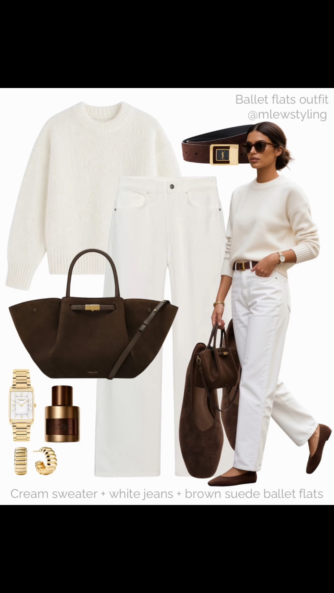White & chocolate brown 🍂

Tags: elevated fall outfit, white wide leg jeans, cozy white sweater, demellier suede bag, brown suede ballet flats, gold watch, ysl belt, mejuri earrings, all white autumn outfit