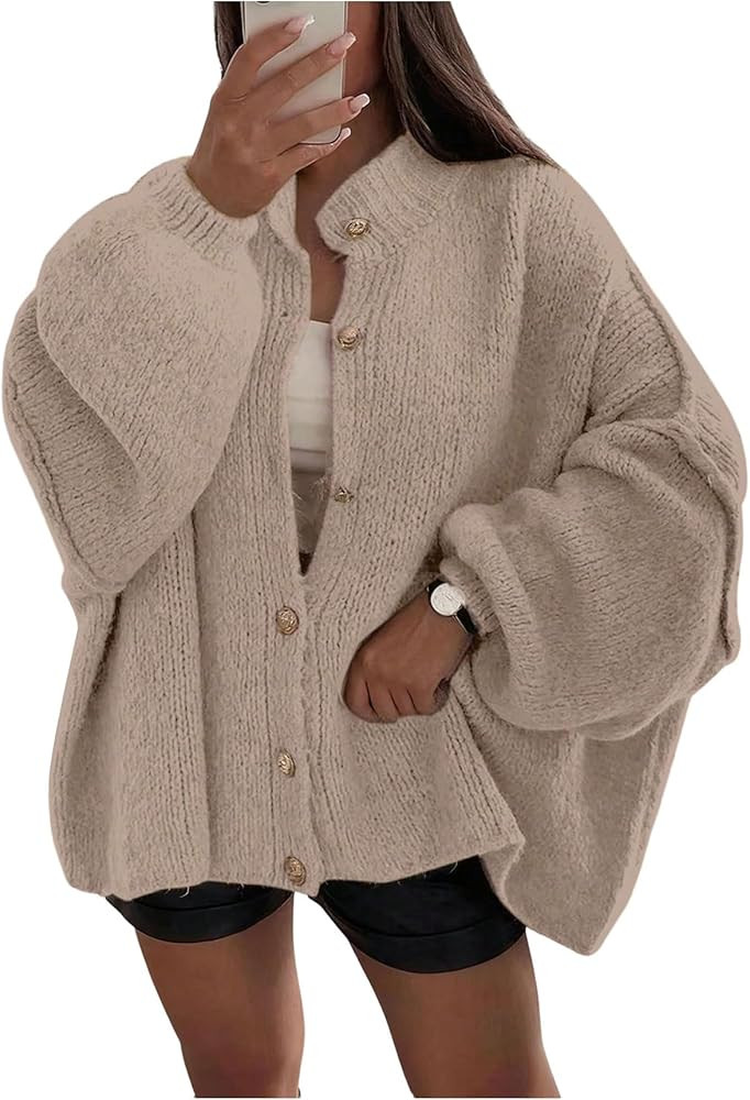 SweatyRocks Women's Oversized Cardigan Sweater Button Down Lantern Sleeve Cozy Sweater Jacket Coa... | Amazon (US)