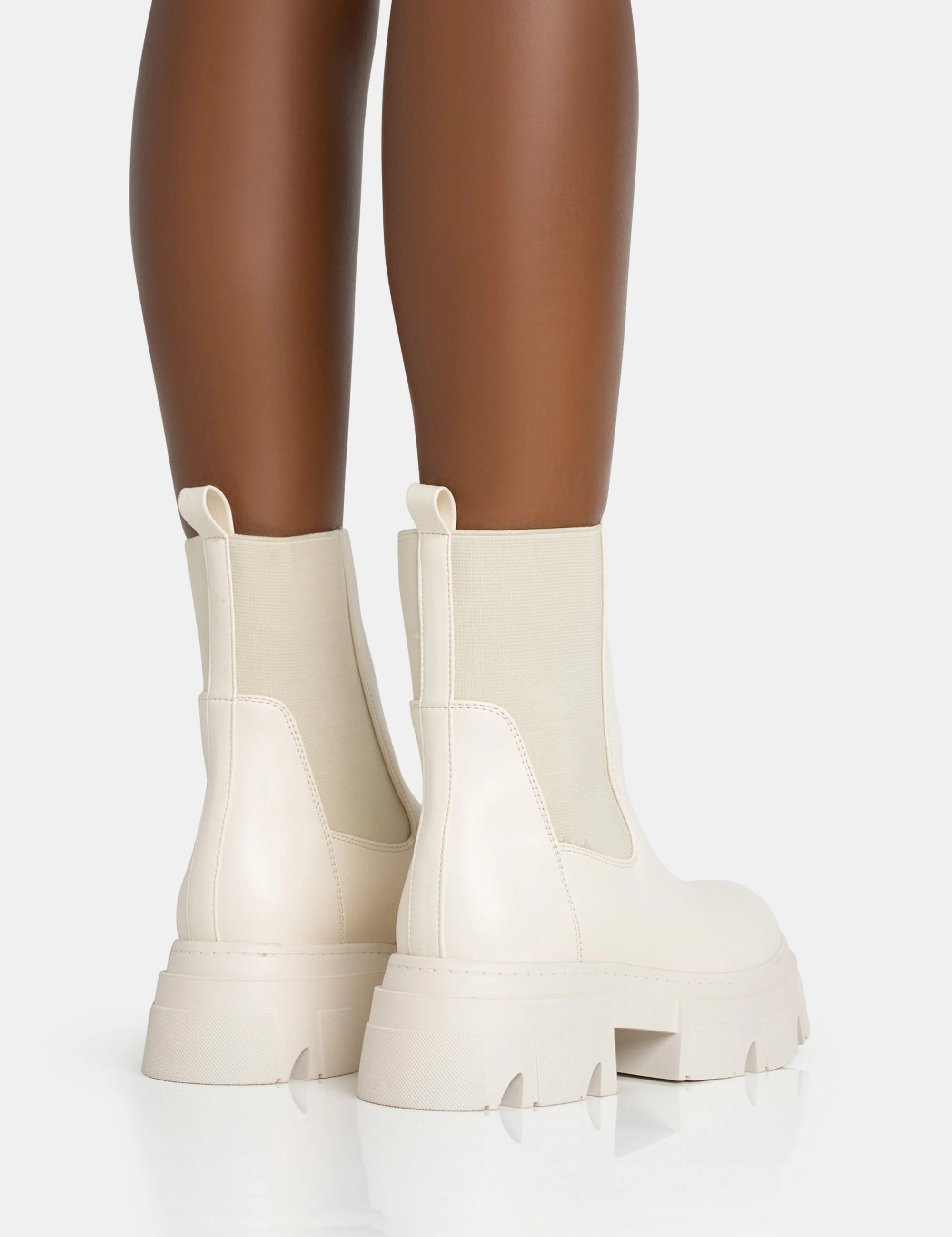 Edgy Cream Pu Elasticated Ankle Rounded Chunky Sole Ankle Boots | Public Desire (US & CA)