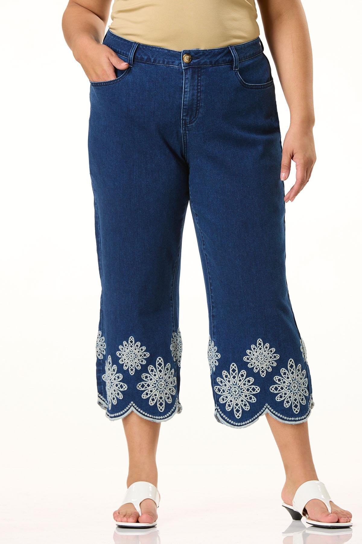 Plus Size Cropped Embroidered Scalloped Jeans | Cato Fashions