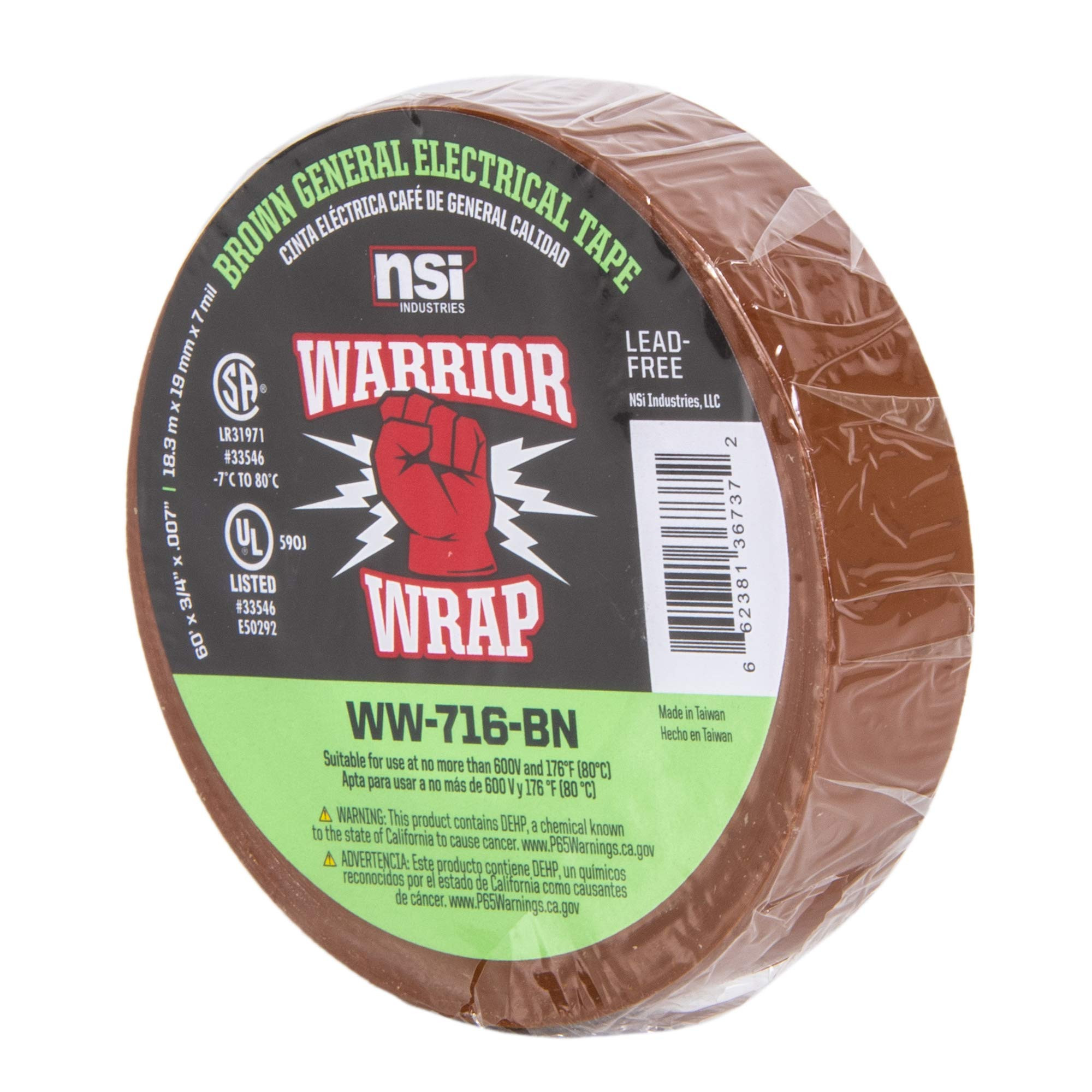 WarriorWrap General 3/4 in. x 60 ft. 7 mil Vinyl Electrical Tape, Brown | Amazon (US)