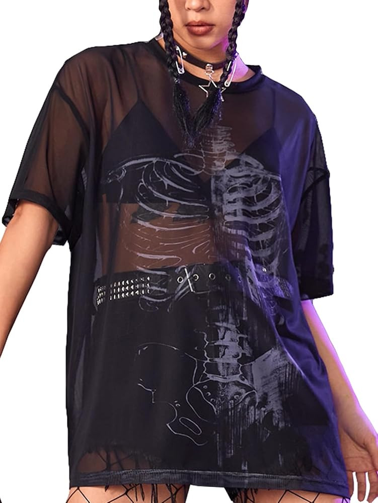Floerns Women's Short Sleeve Skeleton See Through Sheer Mesh Tee Shirt Blouse Rave Tops | Amazon (US)