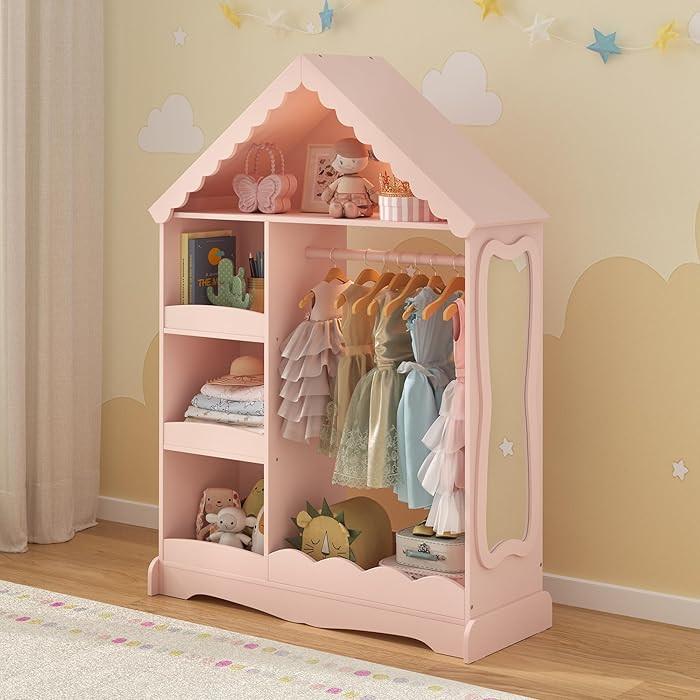 Curipeer Dollhouse Kids Dress Up Storage with Full-Length Mirror & Motion Sensor Light, Open Hang... | Amazon (US)
