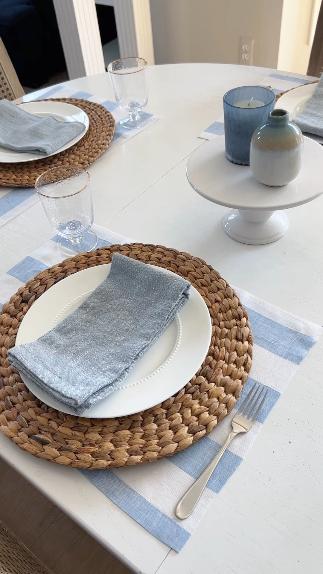 This coastal table setting with blue and white striped linen placemats, seagrass chargers, and white dishware feels fresh, layered, and timeless. I love how the mix of natural texture and crisp pieces makes everyday meals feel elevated.



#LTKSaleAlert #LTKU #LTKHome