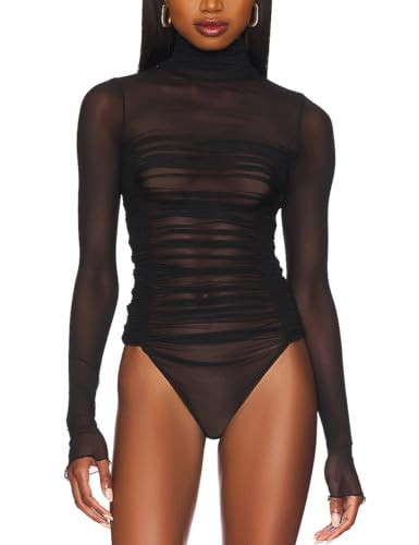 Ugerlov Womens Long Sleeve Body Suit Mesh Black Bodysuit Going Out Tops See Through Sheer One Piece Bodysuit Mock Neck Mesh Tops, Black S | Amazon (US)