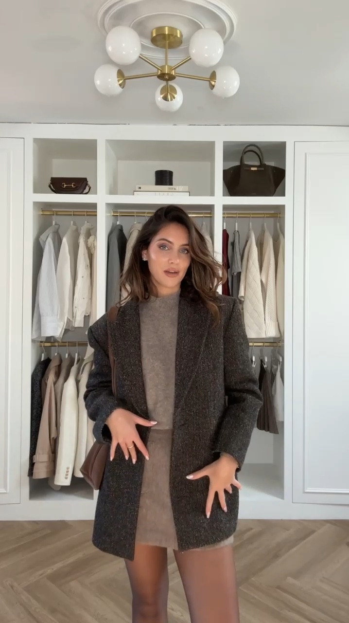 Autumn tonal outfit for the city 🌆 Sandro houndstooth tweed blazer, and taupe jumper and knitted mini skirt. Styled with leather Mary Janes or chocolate suede leather boots 

#LTKstyletip #LTKworkwear #LTKautumn