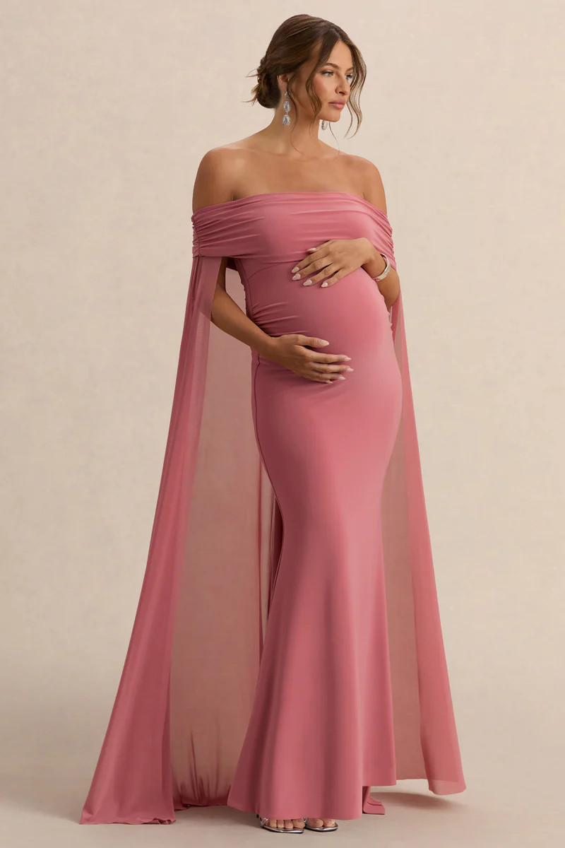Carlotta  Blush Pink Bardot Maternity Maxi Dress With Chiffon Cape | Club L London