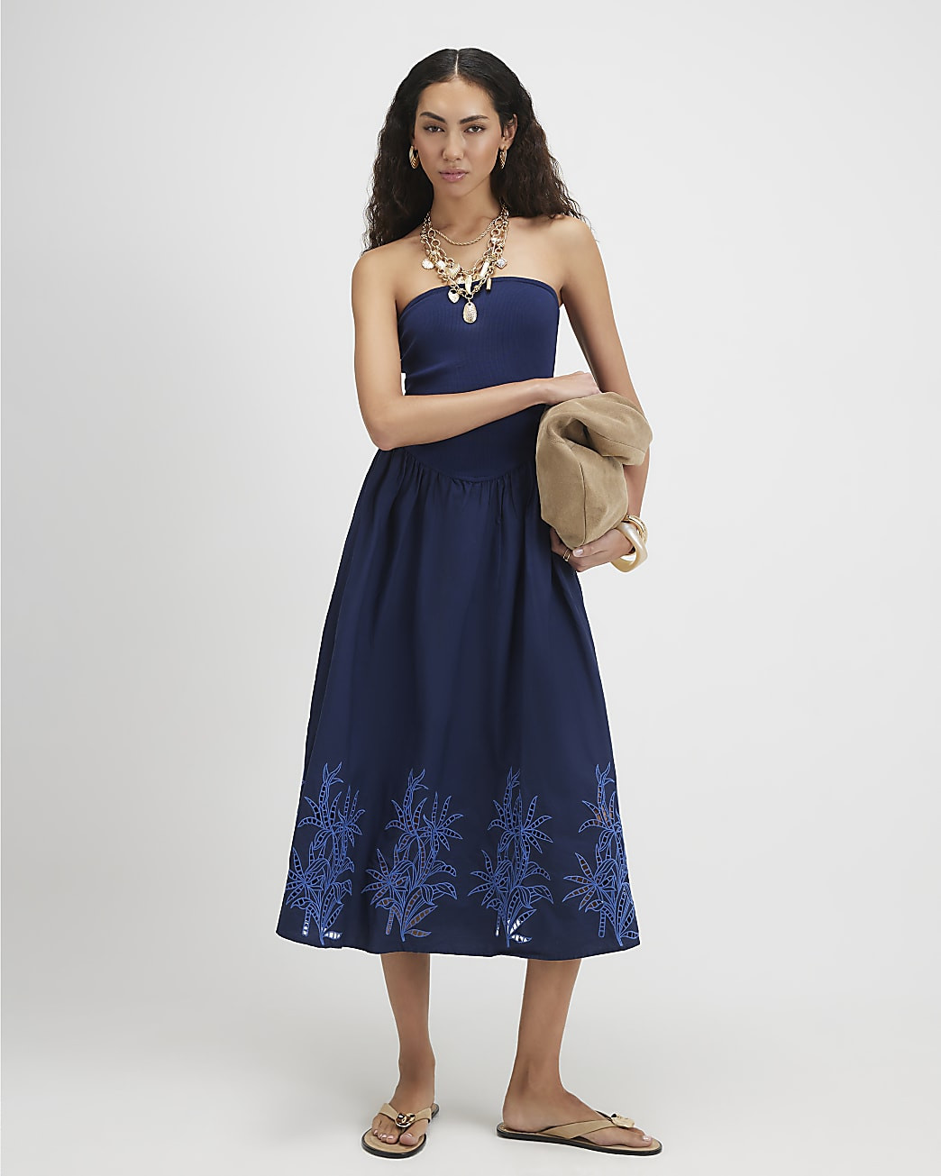 Navy Cotton Embroidered Bandeau Midi Dress | River Island UK & IE