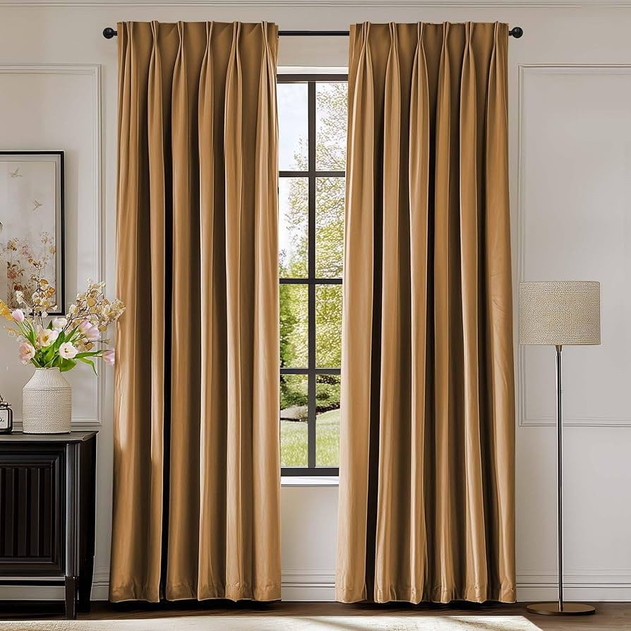 Lazzzy Gold Brown Blackout Velvet Curtains 84 Inch Length Pinch Pleated Thermal Room Darkening Lu... | Amazon (US)