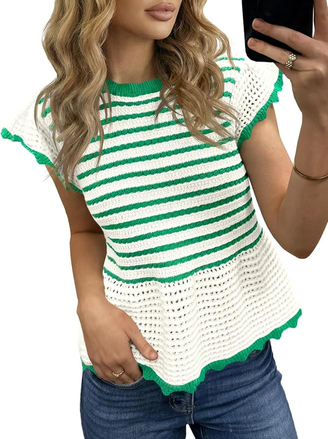 Saodimallsu Womens Ruffle Cap Sleeve Sweater Tops Crochet Knit Striped Crew Neck Summer Babydoll ... | Amazon (US)