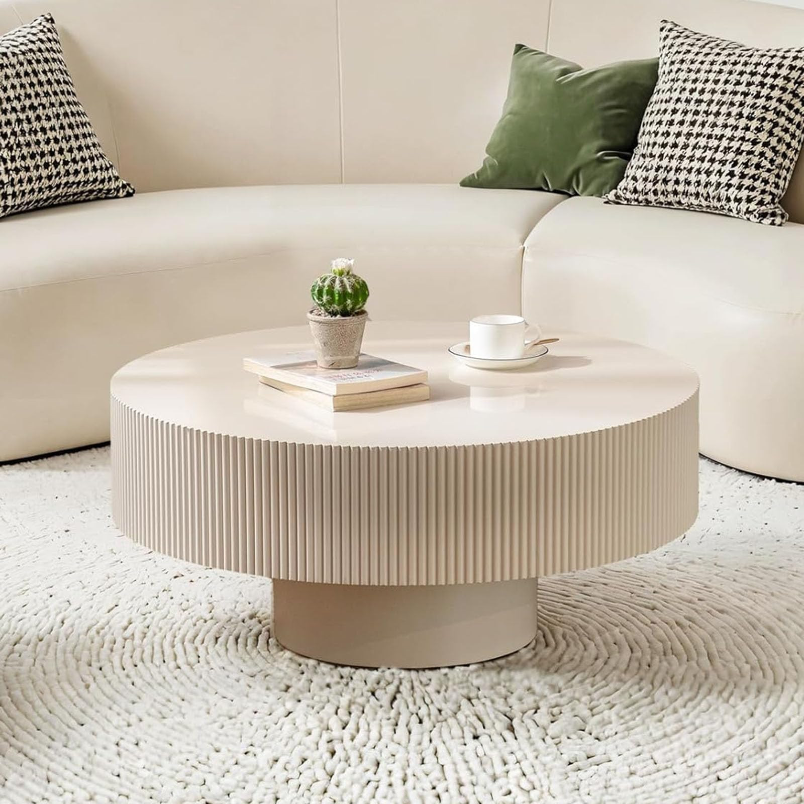 Modern Wood Round Coffee Table - Handcraft Drum Coffee Tables with Sturdy Base, Easy Assembly, Co... | Amazon (US)