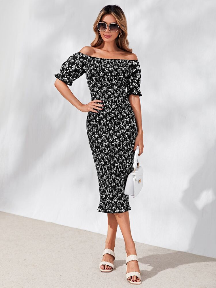 SHEIN Off Shoulder Floral Print Puff Sleeve Bodycon Dress | SHEIN