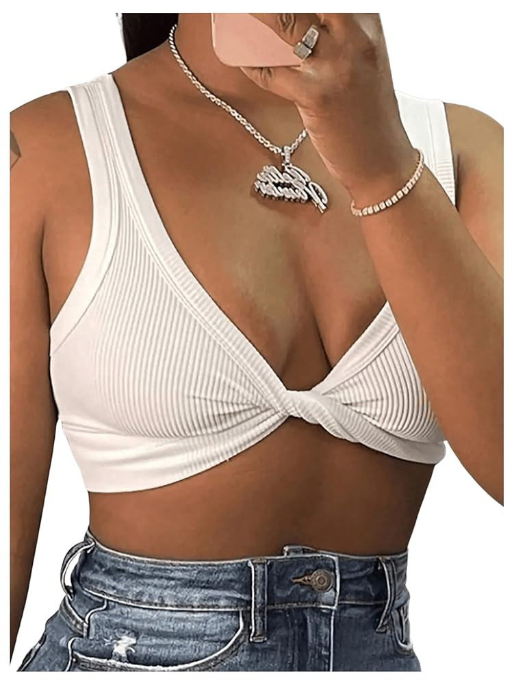 MakeMeChic Women's Crop Tank Top Ribbed Twist Front Sexy Cute Going Out Tops | Amazon (US)