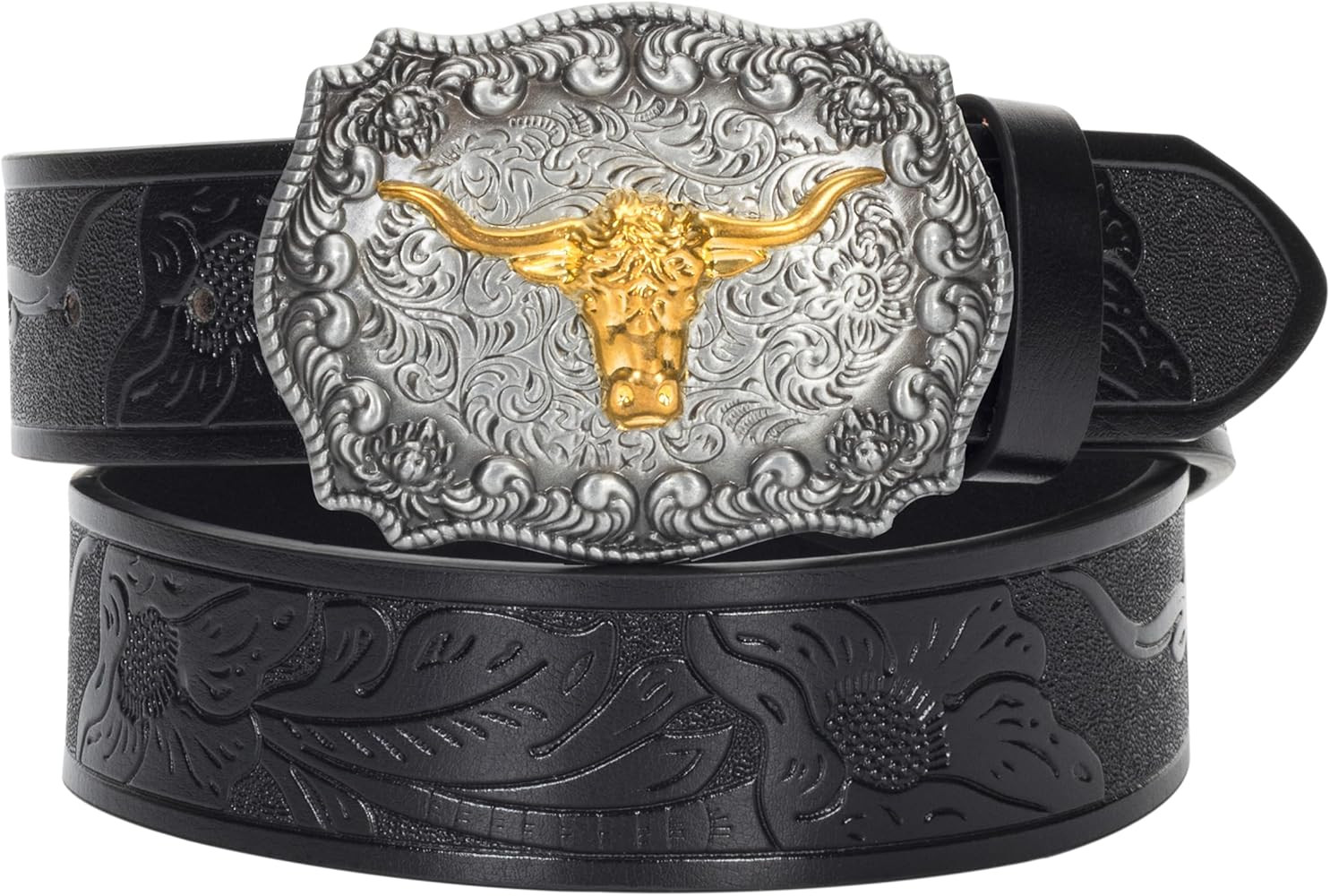 Western-PU-Leather-Belts for Men and Women Cowboy-Cowgirl Longhorn-Bull-Pattern-Engraved-Buckle-B... | Amazon (US)