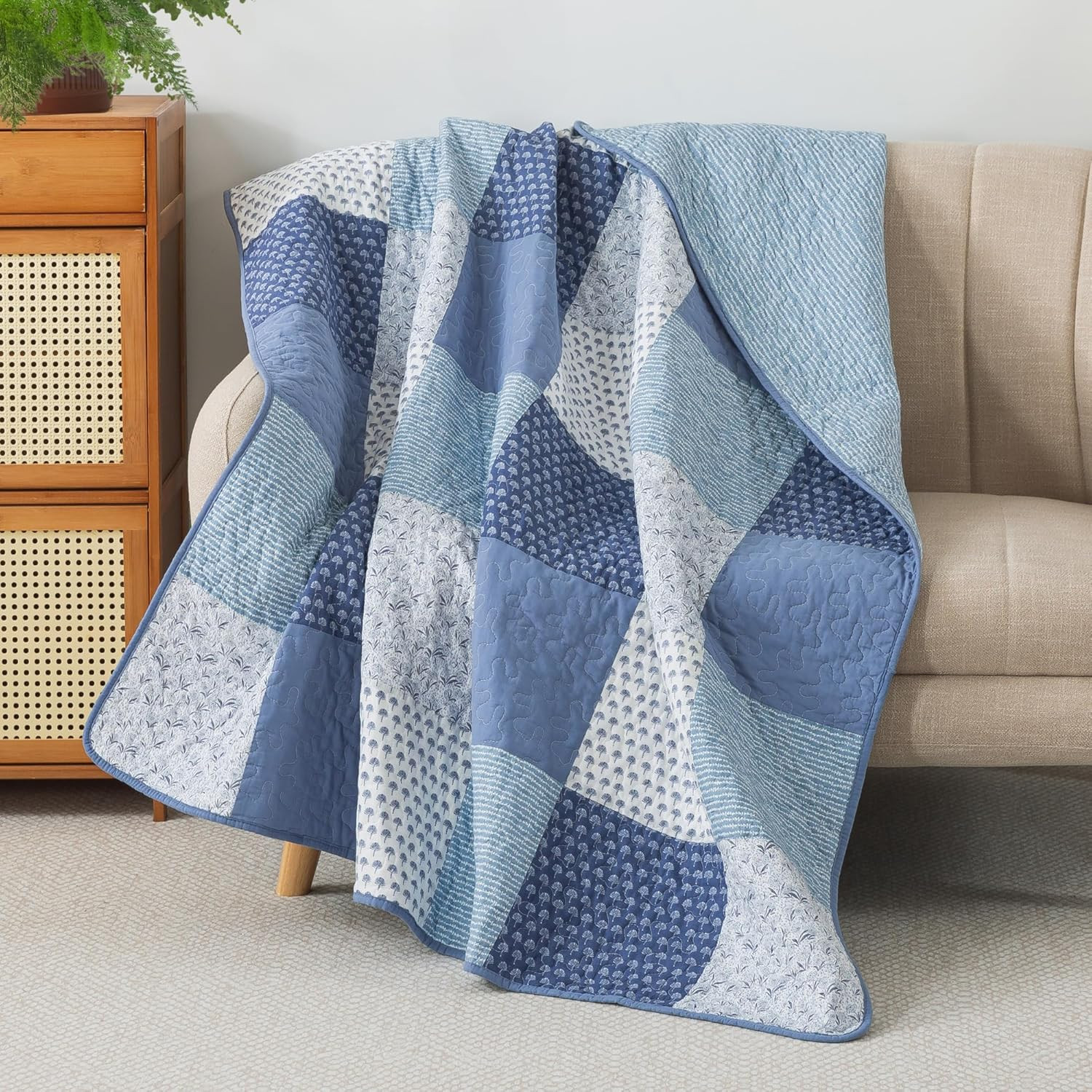 Soul & Lane Indigo Weave 50" x 60" Cotton Quilted Throw Blanket, Country Farmhouse Patchwork Thro... | Amazon (US)