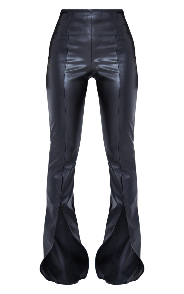 Black Faux Leather Seam Detail Split Hem Trousers | PrettyLittleThing UK