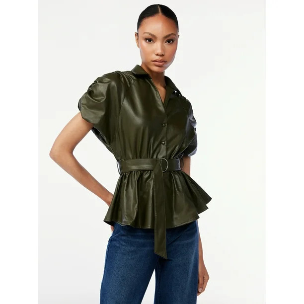 Scoop Women's Faux Leather Belted Peplum Top | Walmart (US)