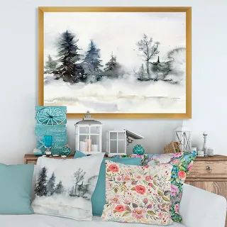 Designart 'Christmas Minimalistic Forest Landscape and Snow' Lake House Framed Art Print - Overst... | Bed Bath & Beyond