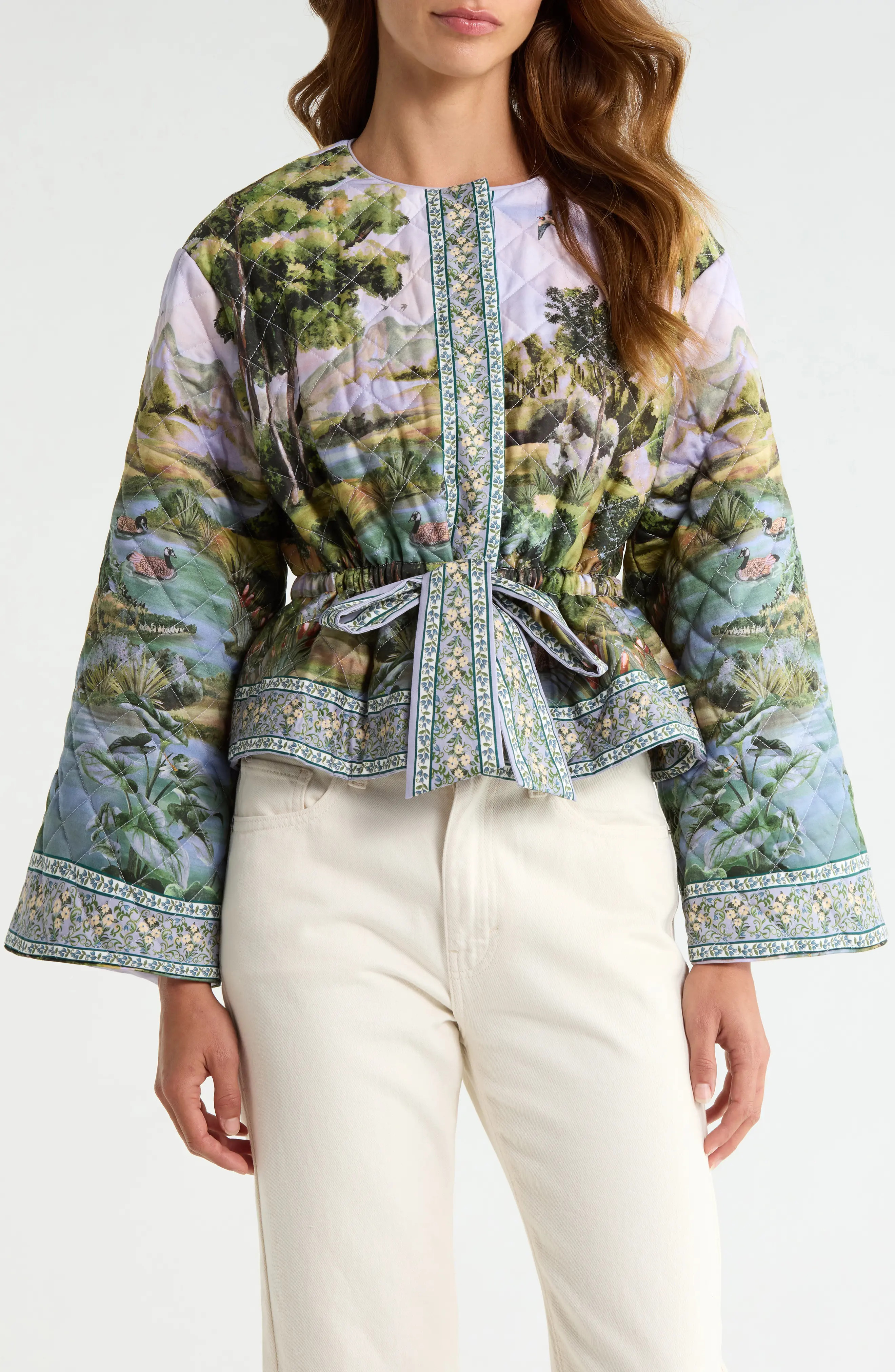 FARM Rio Countryside Landscape Quilted Cotton Jacket in Green at Nordstrom, Size Xx-Small | Nordstrom