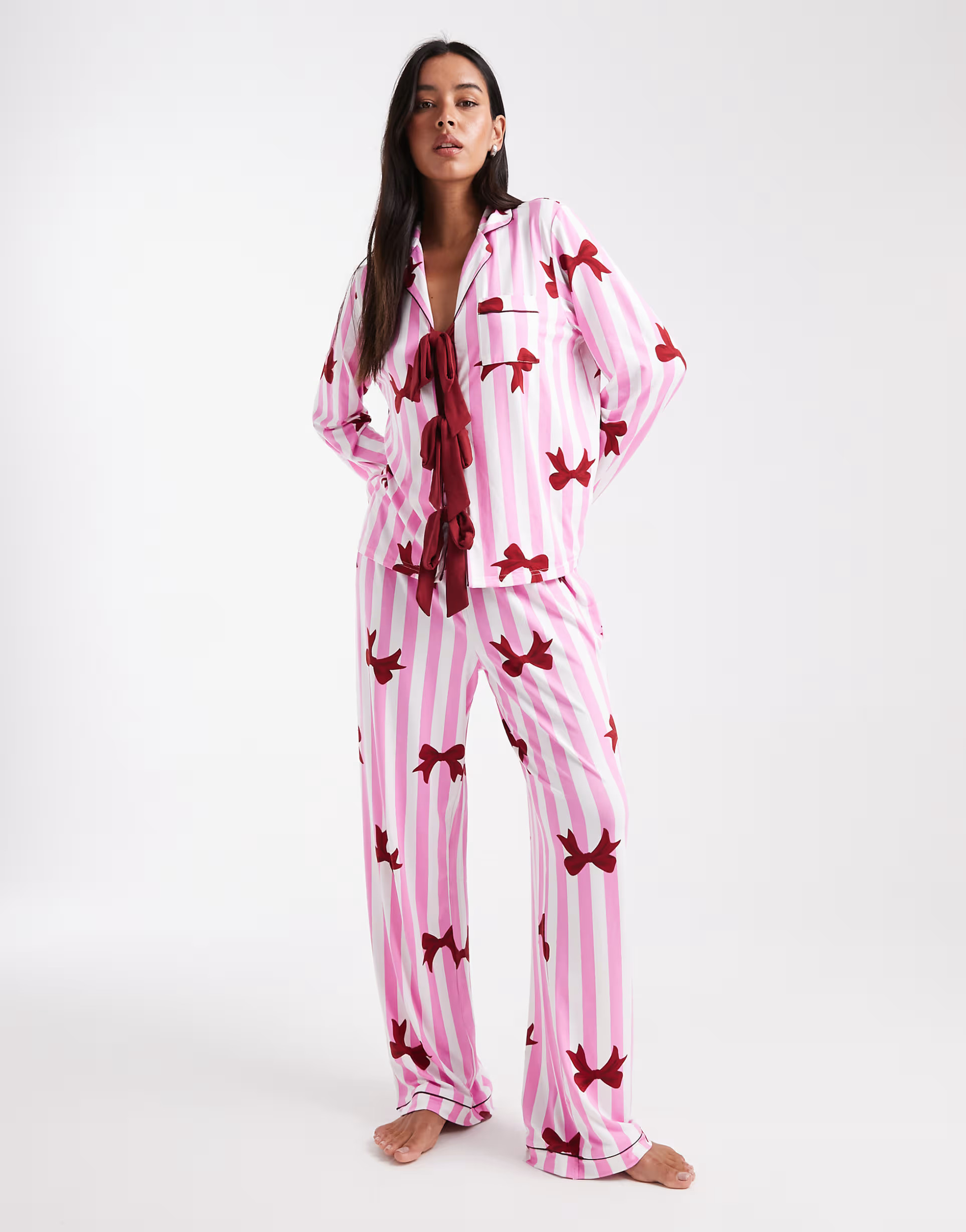Loungeable super soft jersey bow print pajama set in pink stripe | ASOS | ASOS (Global)
