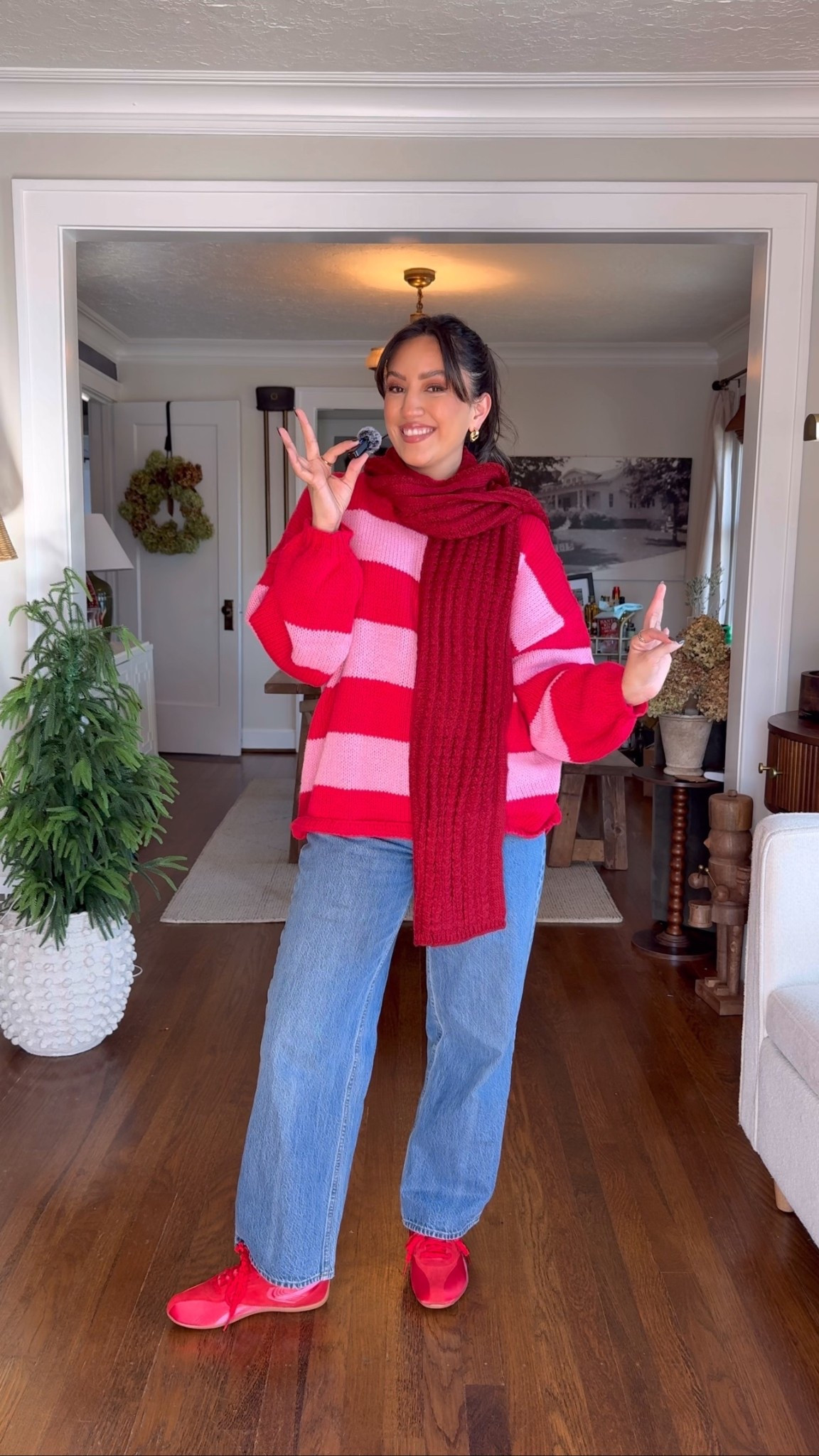 Pink and red striped chunky sweater –
High-rise loose jeans – 27 short 
Low rise and pink leather sneakers – 7.5 

Styled with a matching chunky red scarf!

#LTKootd #LTKFindsUnder50 #LTKHoliday