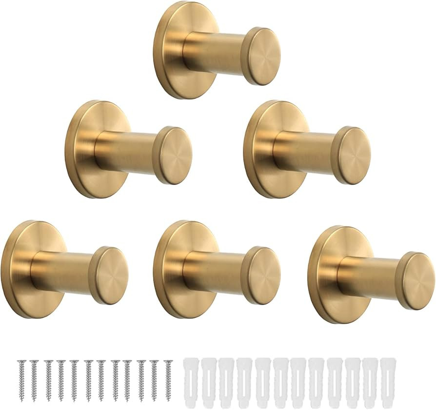 Bath Towel Hooks, 6 Pack Round Coat Hooks, Sturdy Wall Mounted Robe Hook, SUS 304 Stainless Steel... | Amazon (US)