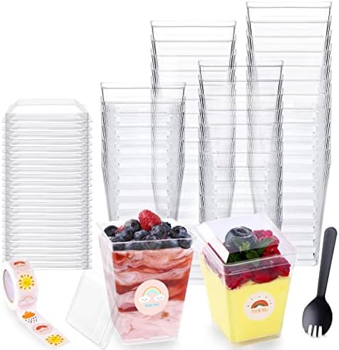 50 Pack 5oz Dessert Cups with Lids, Sporks and Stickers, BIICAIS Square Clear Plastic Parfait Tas... | Amazon (US)