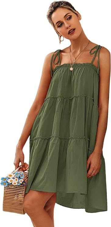 Romwe Women's Sleeveless Spaghetti Strap Tiered Layer Frill Knot Loose Summer Cami Dress | Amazon (US)