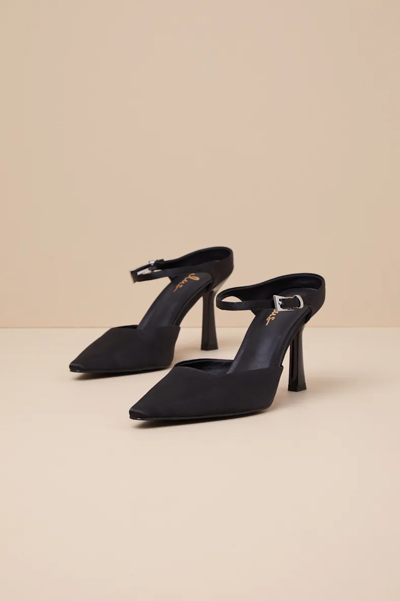 Roslynn Black Satin Pointed-Toe Mule Pumps | Lulus