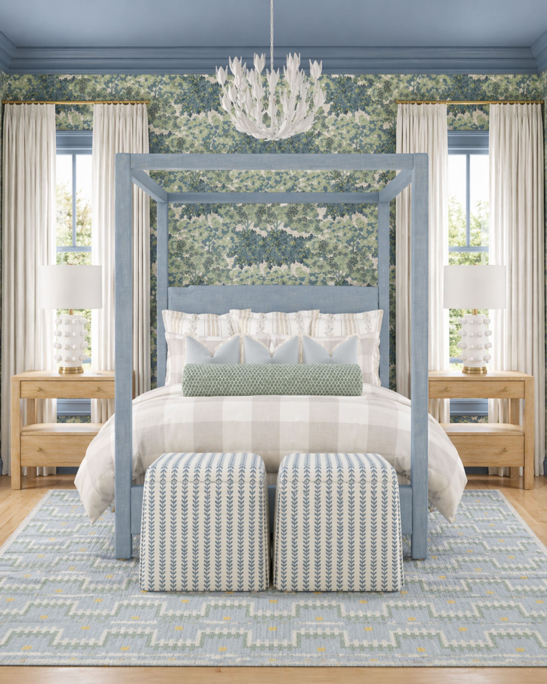 A color-drenched blue bed + trim + ceiling creates a cohesive, designer look, while the soft patterns keep it light and layered instead of heavy.

Tap to shop the pieces to recreate this look.
I may receive a small commission from affiliate links. 

 #LTKHome